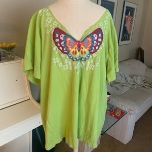 Johnny Was Lime Green Butterfly Embroidered Blouse